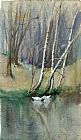 Edward Mitchell Bannister Famous Paintings - Wood Scene with Birch Trees and Ducks